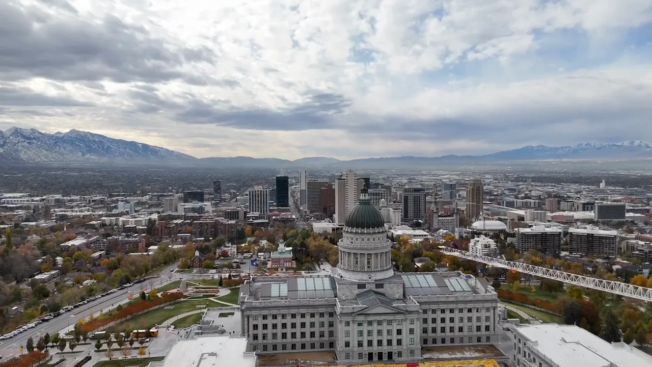Aerial view of the Utah State Capitol and Salt Lake City mountains